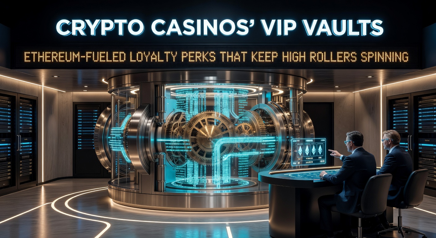 Ein stilisiertes Bild eines digitalen Tresors mit Ethereum-Symbolen und glänzenden Casino-Chips, das die Exklusivität von VIP-Programmen in Crypto-Casinos symbolisiert
