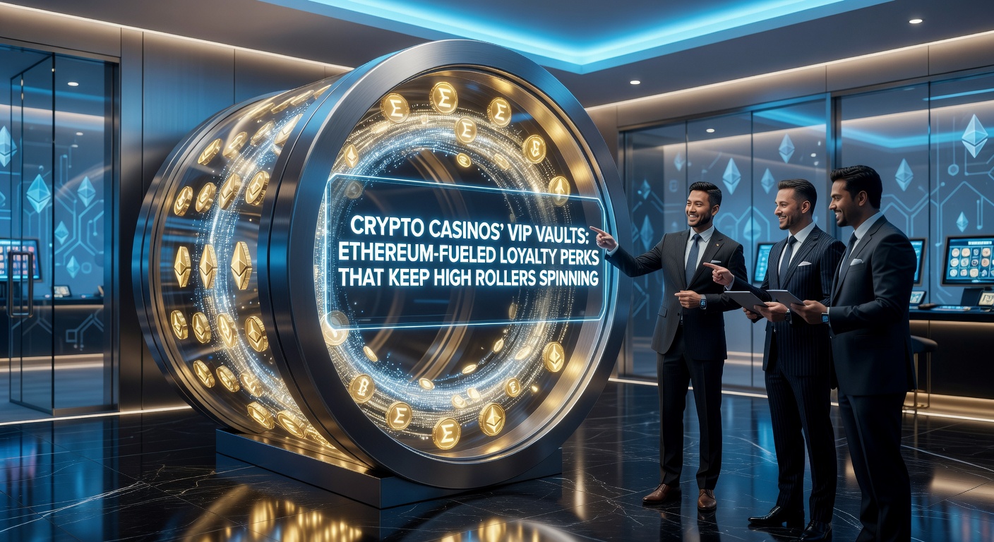 Grafik eines High Rollers vor einem Ethereum-basierten VIP-Tresor, umgeben von Slots und Blockchain-Elementen, die den Fluss von Belohnungen visualisiert