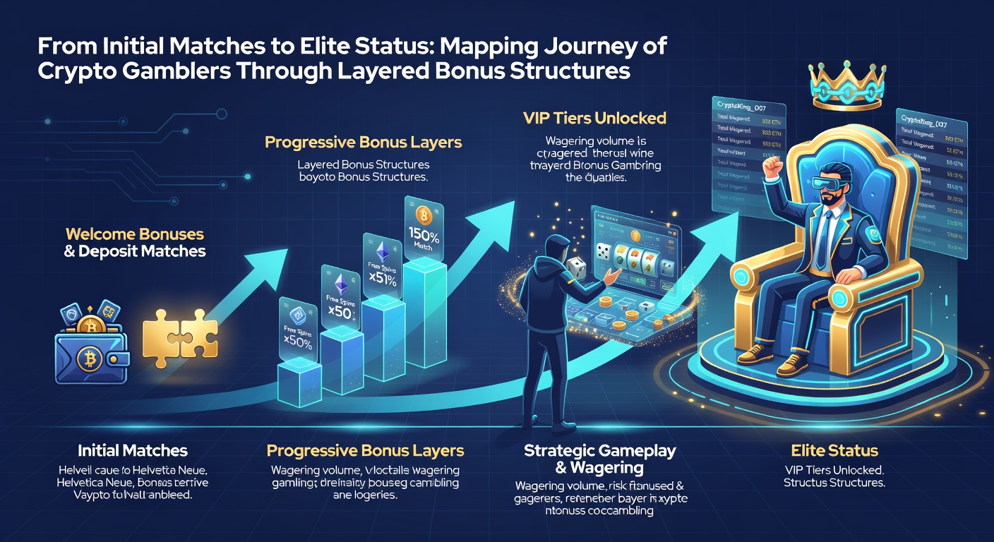 Illustration von VIP-Elite-Status mit gestaffelten Belohnungen und Krypto-Transaktionen in einem fortgeschrittenen Casino-Setting