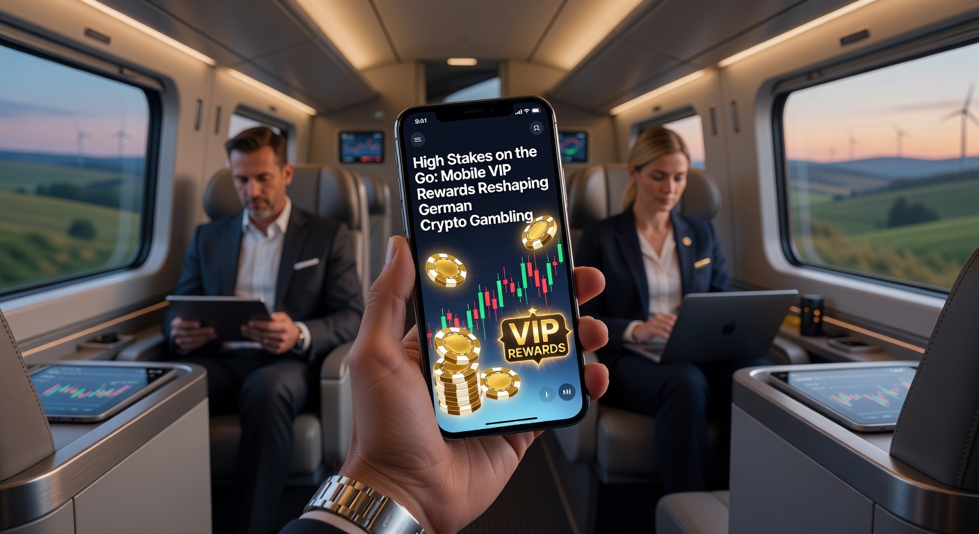 Smartphone mit Krypto-Casino-App und VIP-Belohnungen im Vordergrund, während ein High Roller unterwegs spielt