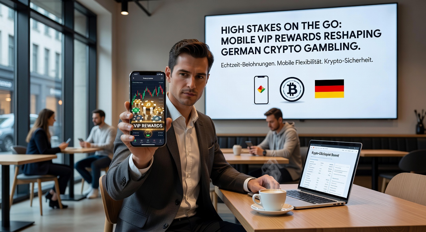 High Roller am Smartphone mit animierten VIP-Belohnungen und Krypto-Wallet-Integration in einem modernen deutschen Setting