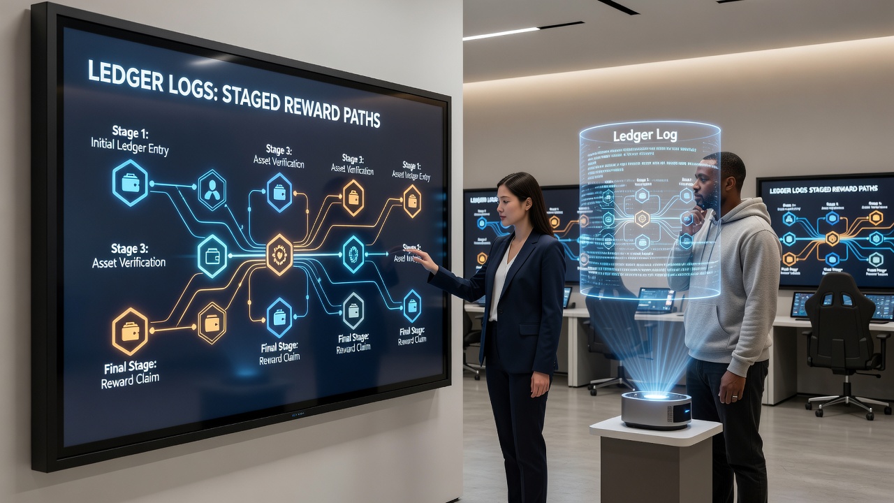 Staged reward progression tracked via blockchain logs in portable gaming apps