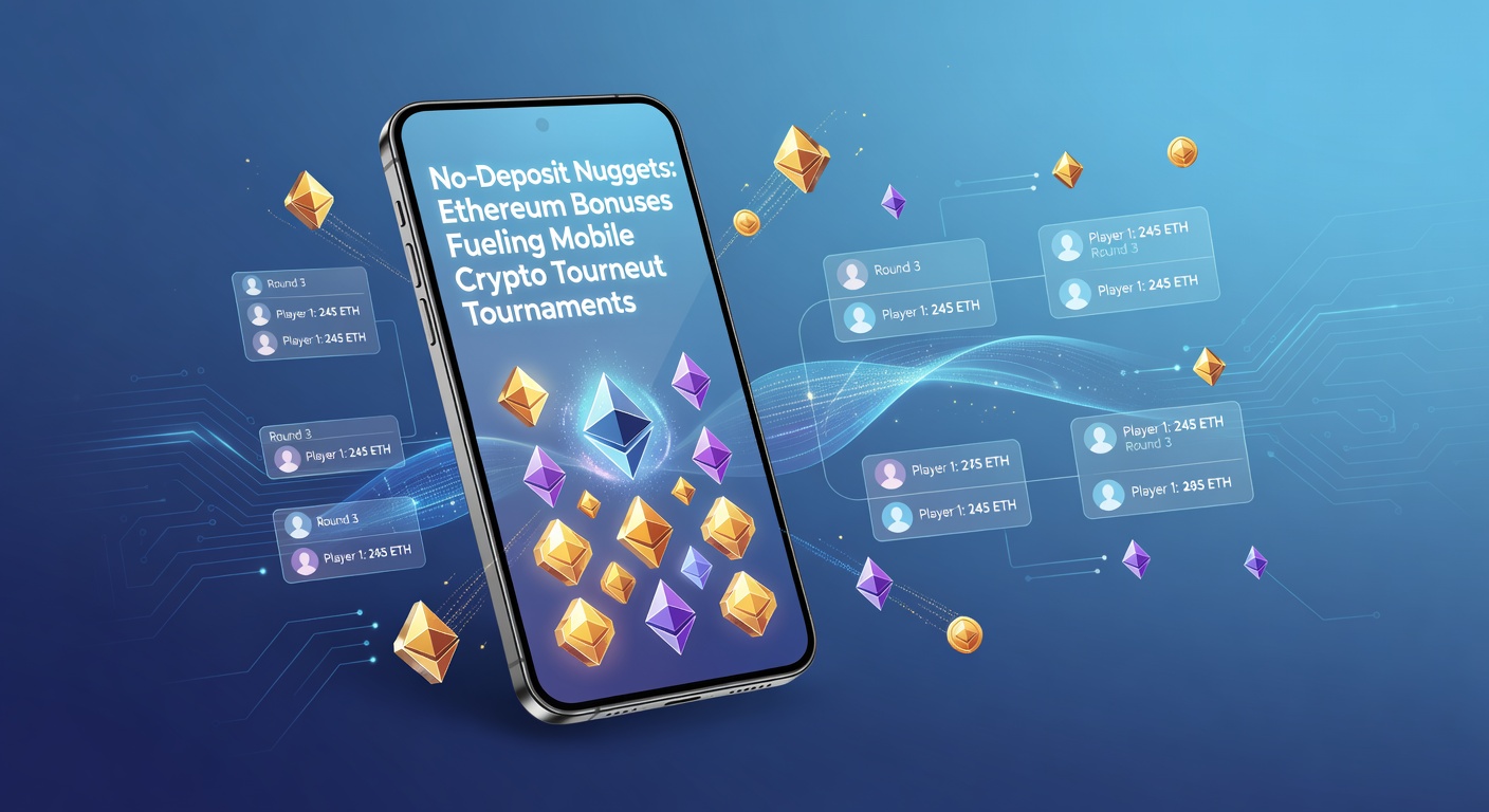 Smartphone mit Ethereum-Logo und Turnier-Icons, das mobile Crypto-Turniere mit No-Deposit-Boni symbolisiert