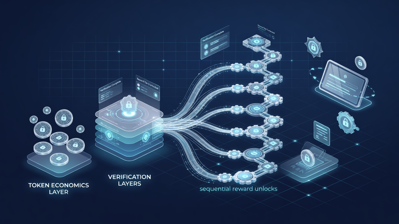 Illustration von Verifizierungsebenen und Token-Freischaltungen in portablen Digital-Asset-Anwendungen